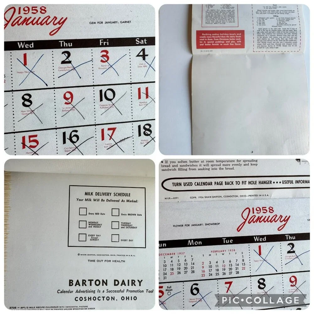 1958 Barton Christmas Holiday Dairy  Wall Calendar Coshocton Ohio Vintage 1950s - Picture 4 of 16
